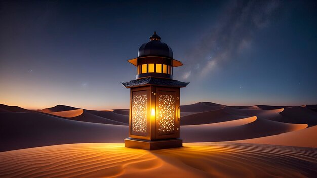 Una linterna en el desierto con la luna al fondo