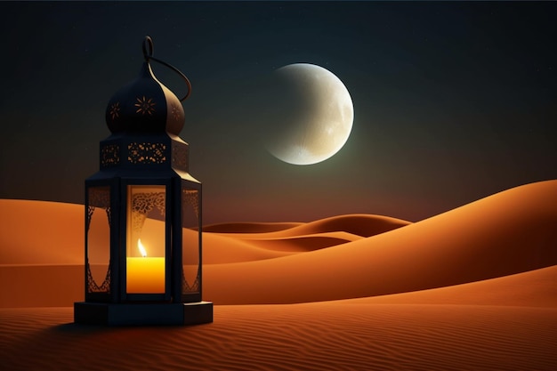 Una linterna en el desierto con luna llena al fondo