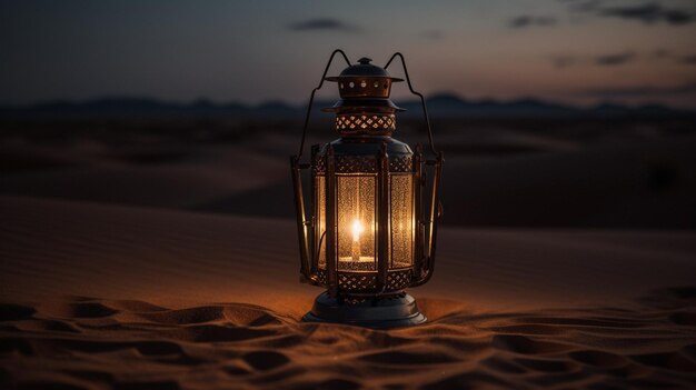 Una linterna en el desierto por la noche.