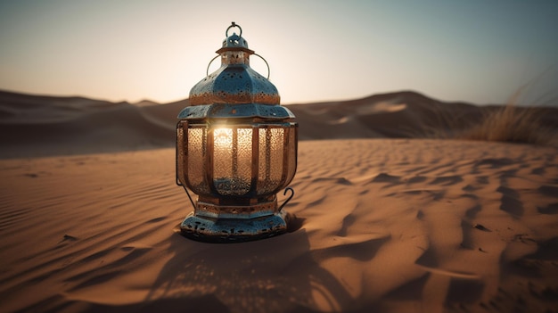 Una linterna en el desierto con el sol brillando en el medio