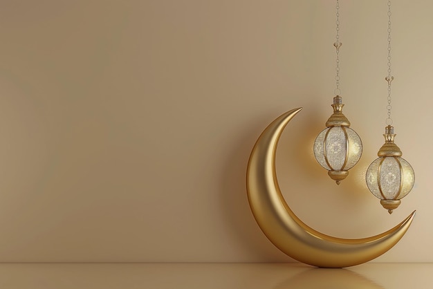 Linterna dorada de Ramadán en 3D y luna creciente con espacio de copia para el fondo del saludo islámico