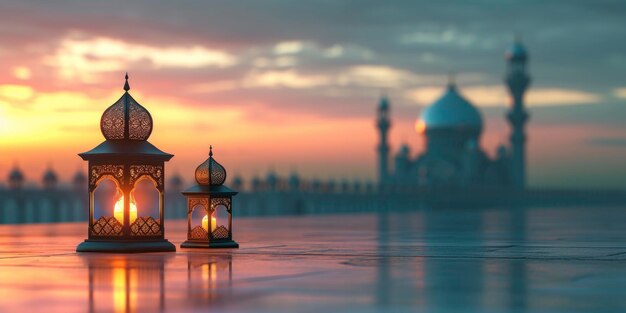 Una linterna de Eid al-Fitr y una pequeña mezquita que simbolizan la alegre celebración de la festividad islámica