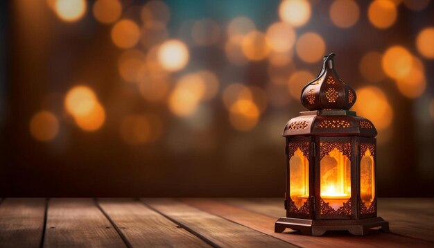 una linterna encendida en una mesa de madera con luces bokeh en el fondo