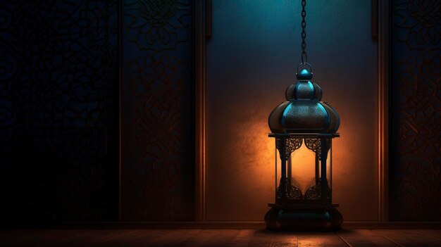 Una linterna está encendida frente a una pared que dice ramadán