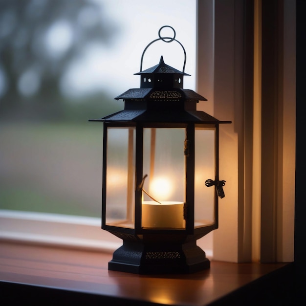 Una linterna está encendida frente a una ventana con la luz brillando sobre ella