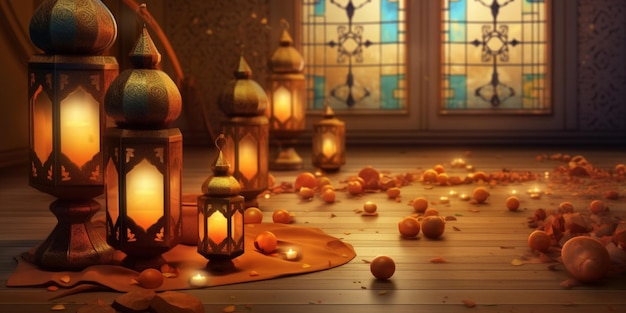 Foto linterna del festival de ramadán y accesorios en el fondo del piso concepto de cultura y religión