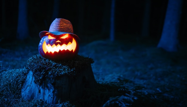 Linterna en la fiesta del horror jacks head en el sombrío fondo de halloween del bosque azul
