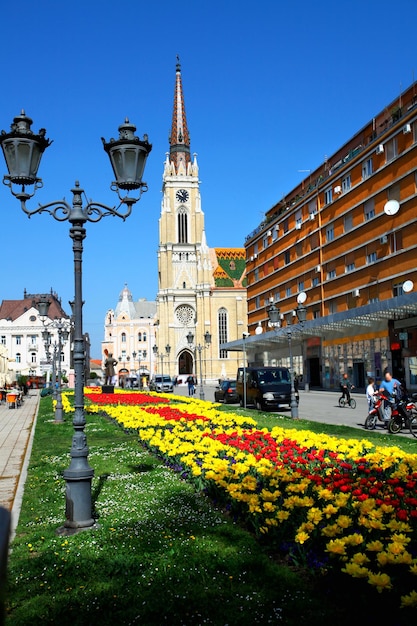 Linterna con flores en el centro de la ciudad de Novi Sad Serbia