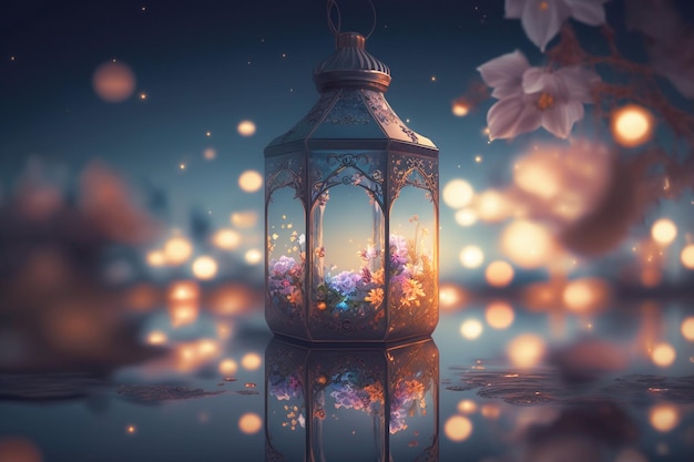 Una linterna con flores y una luz en el fondo Fondo de Ramadán