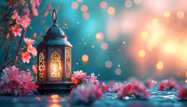 Linterna con flores en la mesa Islam Ramadán Kareem de fondo