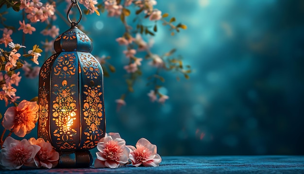 Linterna con flores en la mesa Islam Ramadán Kareem de fondo