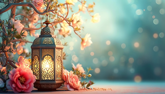 Foto linterna con flores en la mesa islam ramadán kareem de fondo