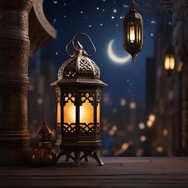 linterna en el fondo de la ciudad de la noche ramadan kareem ai