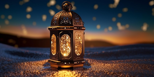 Linterna con fondo de luz nocturna para la fiesta musulmana del mes sagrado de Ramadán Kareem