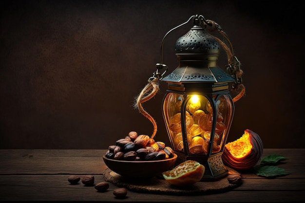 Linterna iluminada y dátiles fruta sobre mesa de madera sobre fondo oscuro Ramadán Kareem árabe ilsamic celebración Resumen ilustración generativa ai