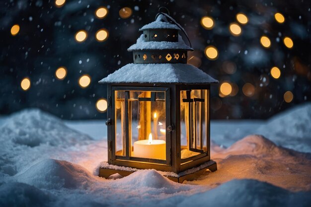 Foto linterna iluminada en una escena nevada