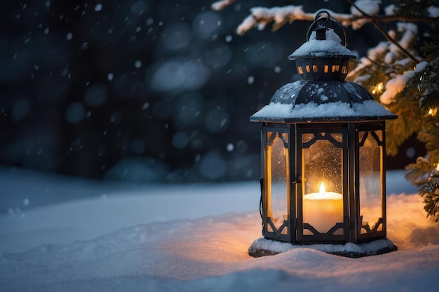 Linterna iluminada en una escena nevada