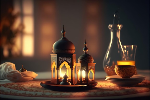 Linterna iluminada sobre el fondo árabe Ramadan kareem concepto IA generativa