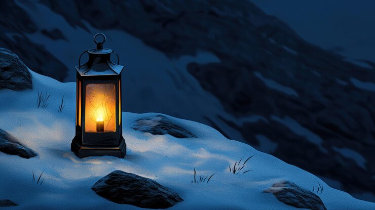 Linterna iluminando las rocas cubiertas de nieve en un paisaje invernal sereno