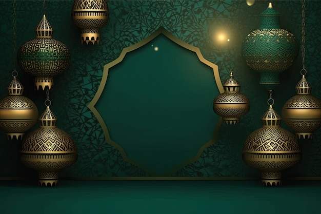 Linterna islámica adorno de lujo dorado y verde celebración ramadan kareem Generado por IA