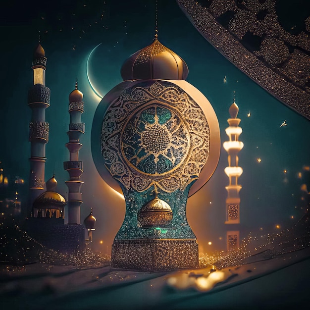 Linterna islámica creciente sobre mezquita para Ramadan Kareem y Eid Mubarak