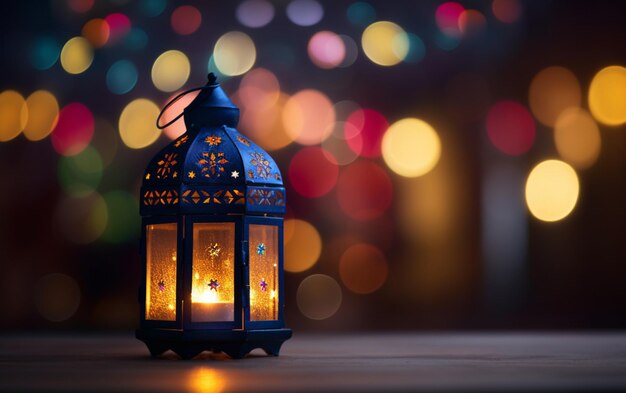 linterna islámica con luces bokeh de fondo para adha y fitr eid