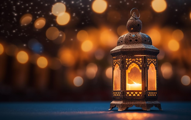 linterna islámica con luces bokeh de fondo para adha y fitr eid