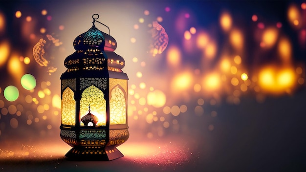 linterna islámica con luces bokeh en el fondo para adha y fitr eid