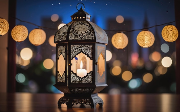 Una linterna islámica con luces bokeh de fondo para adha y fitr eid