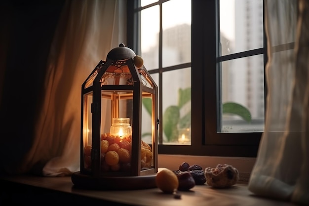 Linterna islámica en una mesa junto a la ventana