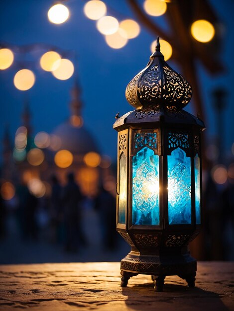 Foto linterna islámica con una mezquita borrosa con bokeh en el fondo para el eid al fitr ai generado