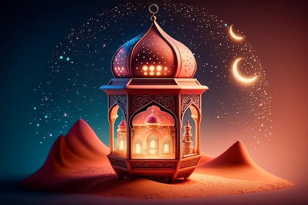 Linterna islámica saludos Eid al adha mubarak publicación en redes sociales estilo de dibujos animados en 3d ai generativo