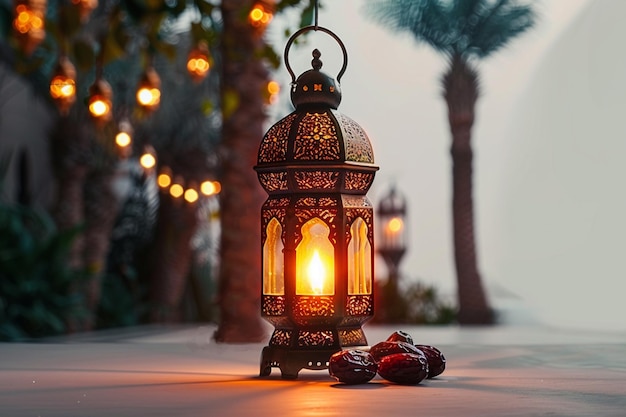 Linterna islámica tradicional y fechas en el fondo de Ramadan Kareem