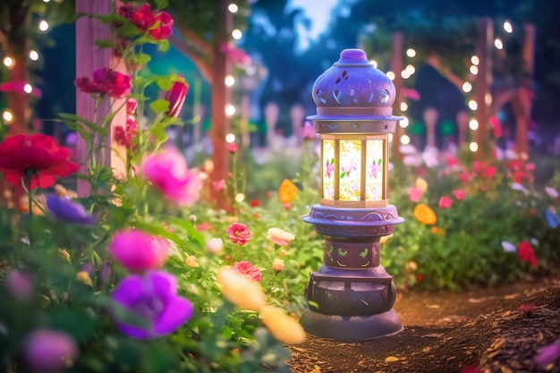 Una linterna en un jardín con flores al fondo.