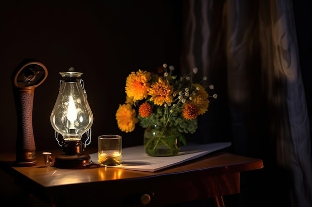 Una linterna y un jarrón de flores se sientan en una mesa en un cuarto oscuro.