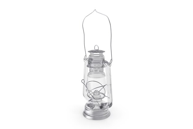 Foto linterna de lámpara de aceite 3d realista diseñada en un estilo antiguo colocada en una superficie blanca