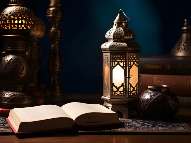 Foto una linterna y un libro sentados en una mesa con la palabra ramadán en ella