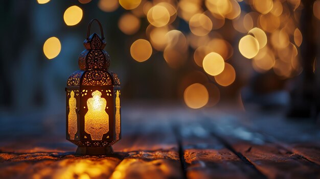 linterna con luces bokeh para el fondo islámico de Ramadán Kareem