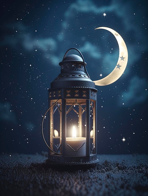 Una linterna con una luna creciente y estrellas.