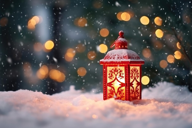 Linterna de luz navideña sobre fondo de invierno borroso con nieve que cae