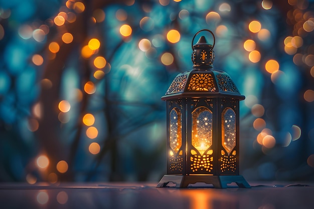 Una linterna a la luz de una vela ilumina una mesa con un caloroso resplandor