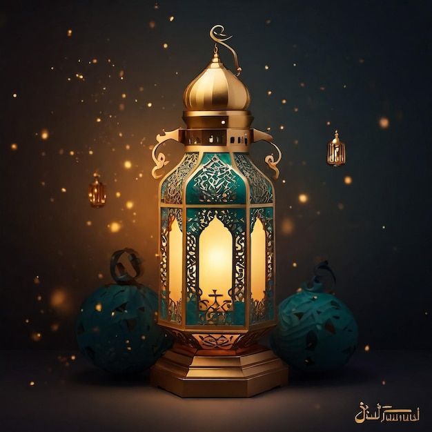 Con una linterna, una media luna y una escritura con la palabra mensaje de Ramadán, esta tarjeta de felicitación del Ramadán 2024 presenta caligrafía árabe islámica en estilo de dibujos animados y una imagen del mes islámico de Ram.