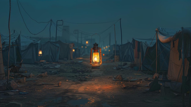 Linterna del mes de Ramadán entre las tiendas de refugiados