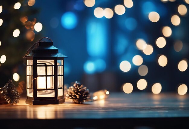 Foto linterna en la mesa con decoración y luces de cuerda árbol de navidad en el fondo