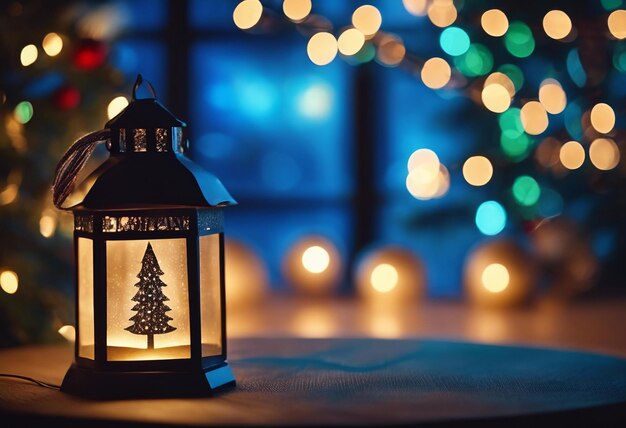 Foto linterna en la mesa con decoración y luces de cuerda árbol de navidad en el fondo