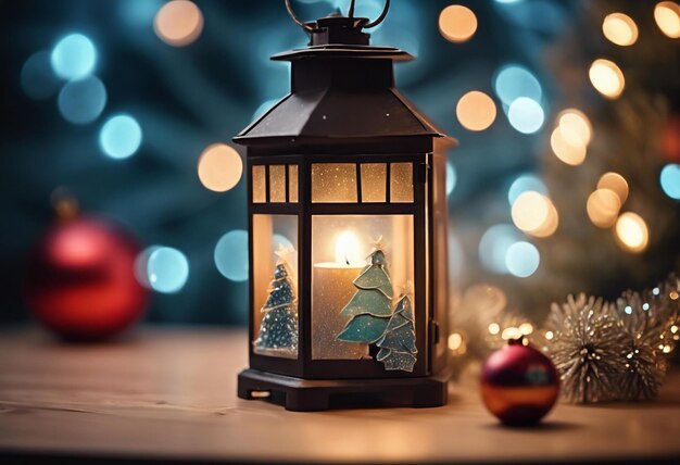 Foto linterna en la mesa con decoración y luces de cuerda árbol de navidad en el fondo