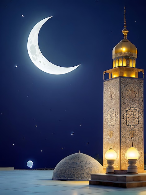 Linterna de la mezquita islámica ramadán kareem con luna saludo de Eid mubarak