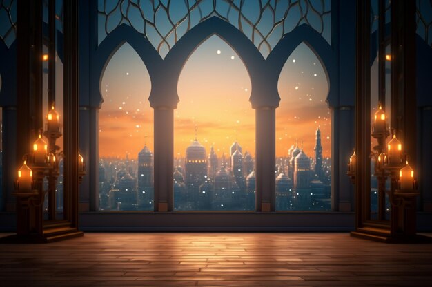 Linterna de la mezquita y telón de fondo de la ventana en el radiante Eid Mubarak islámico