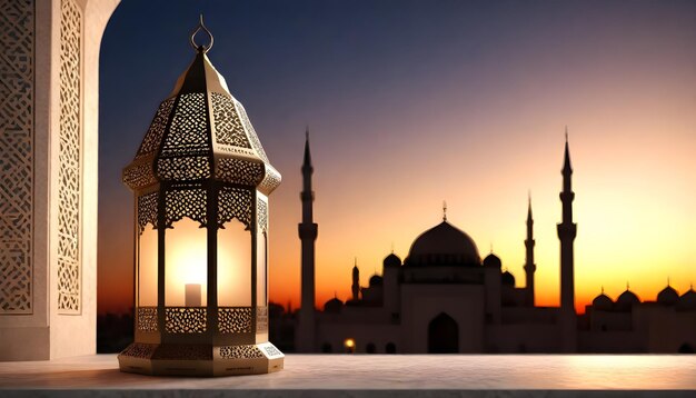 Foto una linterna con un minarete frente a una mezquita con fondo de puesta de sol