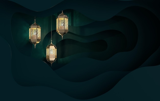 linterna musulmana de oro con lámpara de vela con decoración árabe papel ondas diseño arabesco